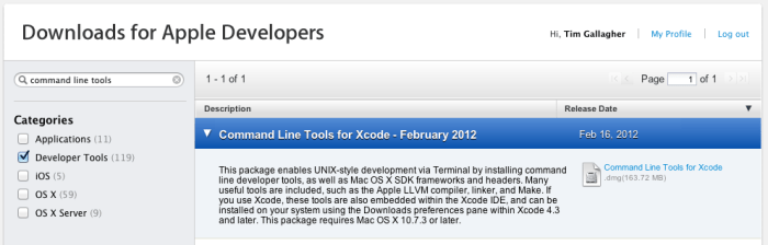 Command Line Tools Search Screenshot showing search options
